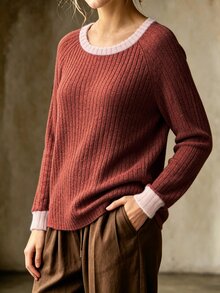 Linhara CURVE Women Plus Size Round Neck Solid Color Ribbed Contrast Patchwork Long Sleeve T-Shirt Autumn Winter Casual/Country Style/Top T-Shirt - Redwood - View 4