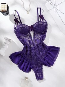 Seduluxe Butterfly Lace Mesh Ruffle Trim Underwire Bra Sheer Sexy Women Jumpsuit - Purple - View 1