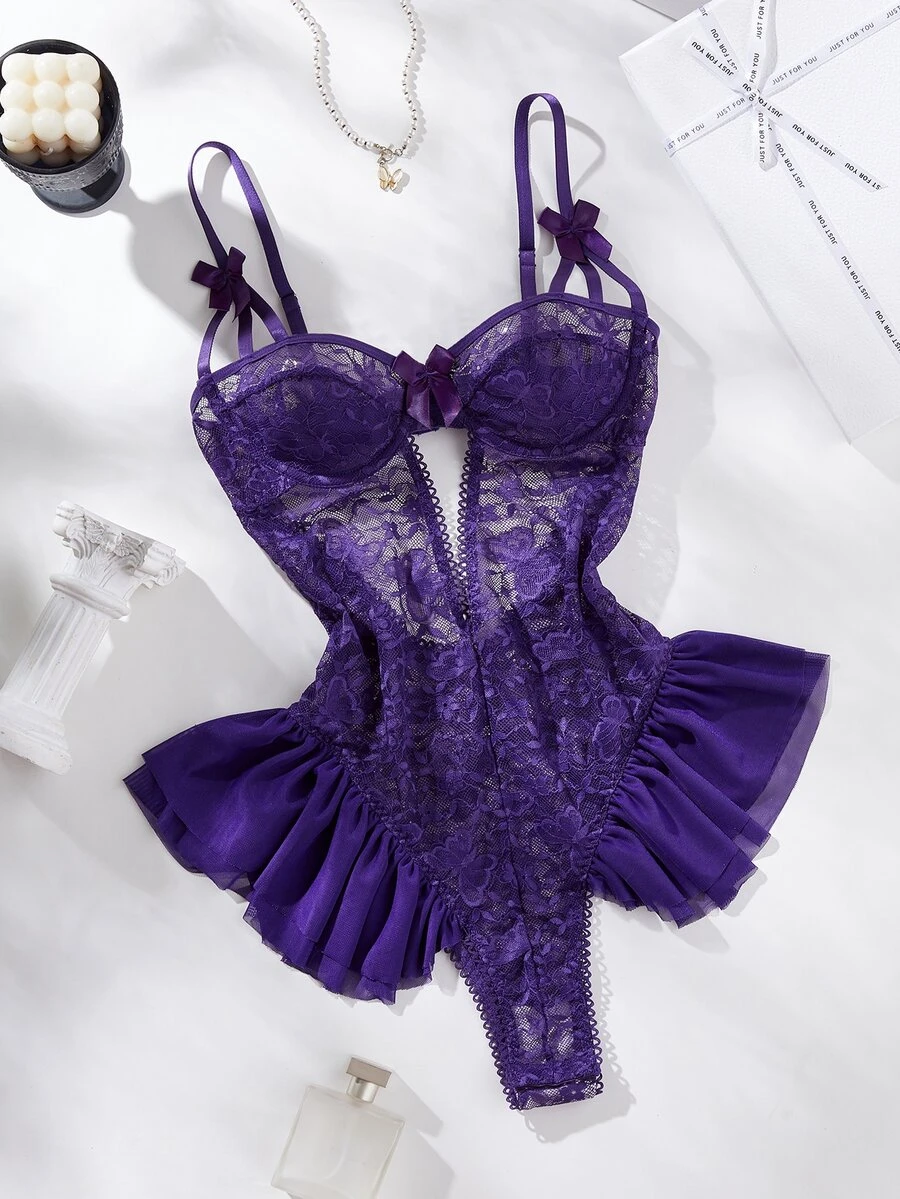 Seduluxe Butterfly Lace Mesh Ruffle Trim Underwire Bra Sheer Sexy Women Jumpsuit - Purple - View 1