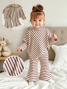 SHEIN Playful Pals 女嬰春秋冬季休閒圖案T恤套裝套頭高領針織粉色與白色條紋上衣長褲親子穿搭秋季 - 紅白色 - 查看 1