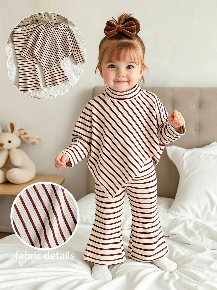 SHEIN Playful Pals 女嬰春秋冬季休閒圖案T恤套裝套頭高領針織粉色與白色條紋上衣長褲親子穿搭秋季 - 紅白色 - 查看 1