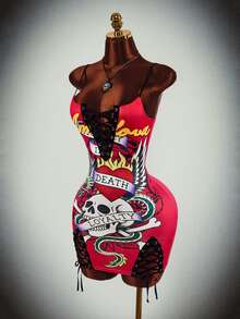 Amplova Halloween Party Event Strap Design Pattern Style Low-Cut Sexy Mini Dress - Red - View 9