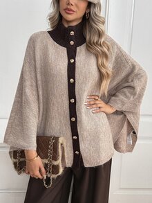 Sprig & Strand Women's Autumn New Single Piece High Neck Metal Button Loose Regular Fit Elegant Lady Girl French Style Graceful Date Daily Commute Versatile Fashion Knit Cardigan Sweater - Apricot - View 5