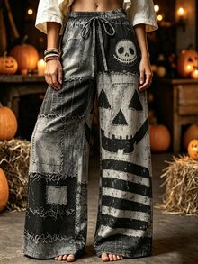 Selamara Women's Casual Retro Halloween Pumpkin Ghost Face Print Wide Leg Pants, Suitable For Daily - Multicolor - View 3