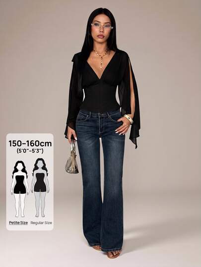 SHEIN PETITE Blusa tipo corsé de mujer en gasa transparente con escote en V y mangas largas tipo capa, elegante y sexy, beige, para fiesta de verano nocturna, con bajo asimétrico, varillas de acero y estilo envolvente con volantes