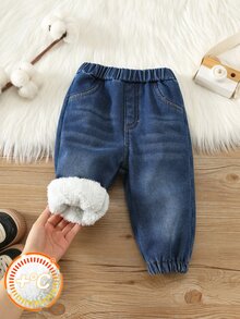 Baby Boy Autumn/Winter Thermal Lined Thick Versatile Comfortable Elastic Waist Cuffed Denim Pants, Suitable For Christmas Gift And Outdoor Wear - Blue - View 1