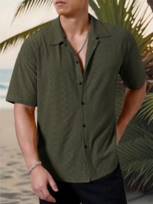 Genlund 男士度假休閒刺繡鏤空鈕扣襯衫 - 軍綠色 - 查看 7