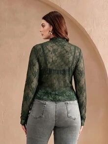 Anewsta Plus Size Sexy Sheer Lace Long Sleeve Top - Army Green - View 5