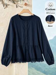Rusticease Blus Wanita Warna Polos Leher Bulat Lengan Panjang Kancing Tunggal dengan Hem Berkerut untuk Kantor Warna Biru Tua Musim Gugur Elegan Kasual - Navy Blue - View 3