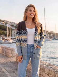 Sylviya Casual Women's Autumn/Winter Fair Isle Pattern Cardigan Long Sleeve Open Front Sweater - Multicolor - View 4