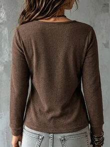 Glimmora Fashionable Retro Casual V-Neck Front Cross Design Side Ruched Coffee Color Plus Size T-Shirt Fall - Brown - View 2