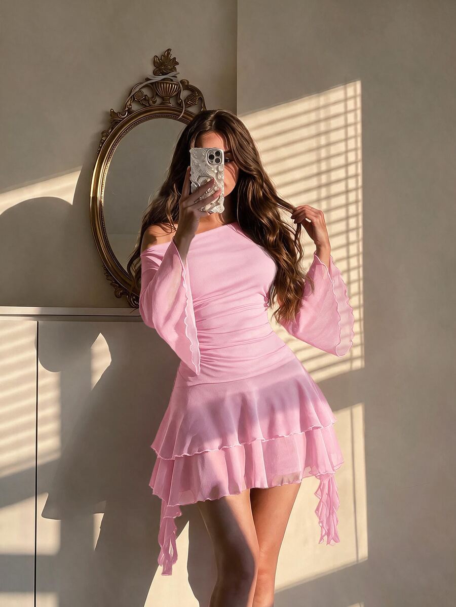 Skyraze Women's Solid Color Asymmetrical Shoulder Flared Sleeve Ruffle Hem Pleated Dress - Pink - View 1