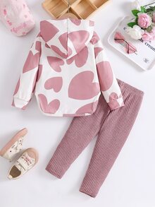 SHEIN Playful Pals 女童愛心印花連帽上衣與羅紋內搭褲兩件套，甜美愛心印花休閒日常穿搭 - 粉色 - 查看 2