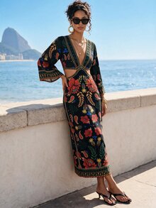 CAJUNI Women's Floral Print V-Neck Casual Tropical Boho Versatile Daily Wearlong Dress Holiday Beach Black Floral Fall - Multicolor - View 4