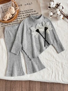 SHEIN Playful Pals Infant Girls Spring Autumn Winter Casual Family Matching T-Shirt Set Asymmetrical Pullover High Neck Brushed Grey Light Grey Ribbed Fabric 3D Flower - Grey - View 5