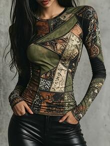 Glimmora Women's All-Over Print Slim Fit Versatile Daily Long Sleeve T-Shirt - Black - View 3