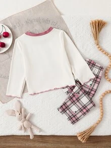 Young Girl Textured Ribbed Fruit Embroidered Round Neck Long Sleeve Top And Plaid Print Long Pants Loungewear Set Suitable For Autumn/Winter Wear - Apricot - View 2