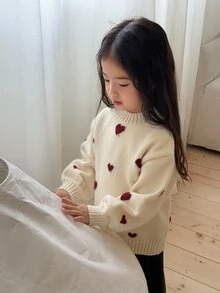 Dazy Kids Áo len bé gái sơ sinh cổ tròn họa tiết trái tim tay dài phong cách Hàn Quốc cho mùa thu/đông - trắng - Xem 5