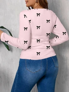 Rosumi Casual Minimalist Plus Size Square Neck T-Shirt With Bow Print Pattern - Multicolor - View 2