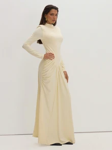 MUSEYN Cream Jersey High Neck Ruched Detail Shoulder Pad Maxi Dress Classy Date Night Chic Evening Fall - Beige - View 4