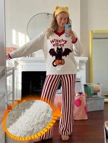 DAZY Halloween Themed Pattern Autumn/Winter Soft Knit Comfortable Half-Fleece 2 Pieces Loungewear Pajama Set For Women - Red - View 6