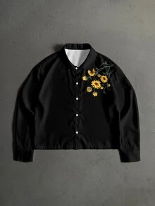 Manfinity ZONE917 大尺碼男士方正短版寬鬆假刺繡向日葵花卉印花長袖襯衫，適合春夏穿著，送給朋友的禮物 - 黑色 - 查看 5