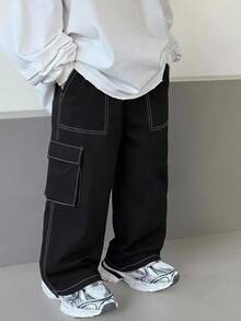 SHEIN 1件男孩休閒運動可愛日常舒適街頭風百搭黑色直筒長褲，適合外出、學校、日常聚會，四季皆宜，開學季適用 - 黑色 - 查看 1