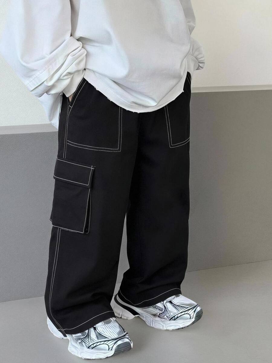 SHEIN 1件男孩休閒運動可愛日常舒適街頭風百搭黑色直筒長褲，適合外出、學校、日常聚會，四季皆宜，開學季適用 - 黑色 - 查看 1