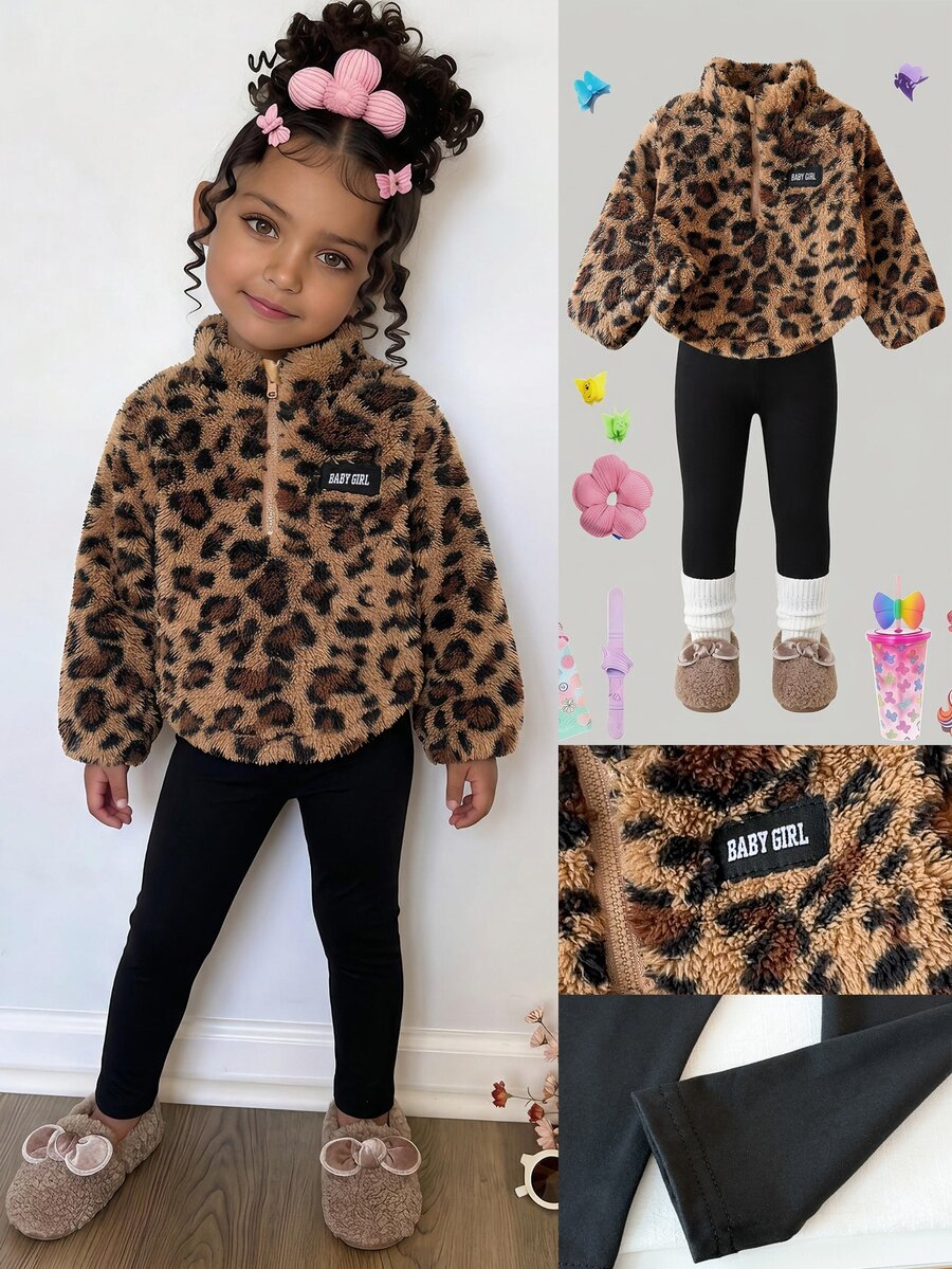 SHEIN Vintaside Kids 2件組女嬰時尚豹紋毛絨半拉鍊長袖抓絨上衣與褲子套裝,日常返校穿著,秋冬服飾 - 彩色 - 查看 1