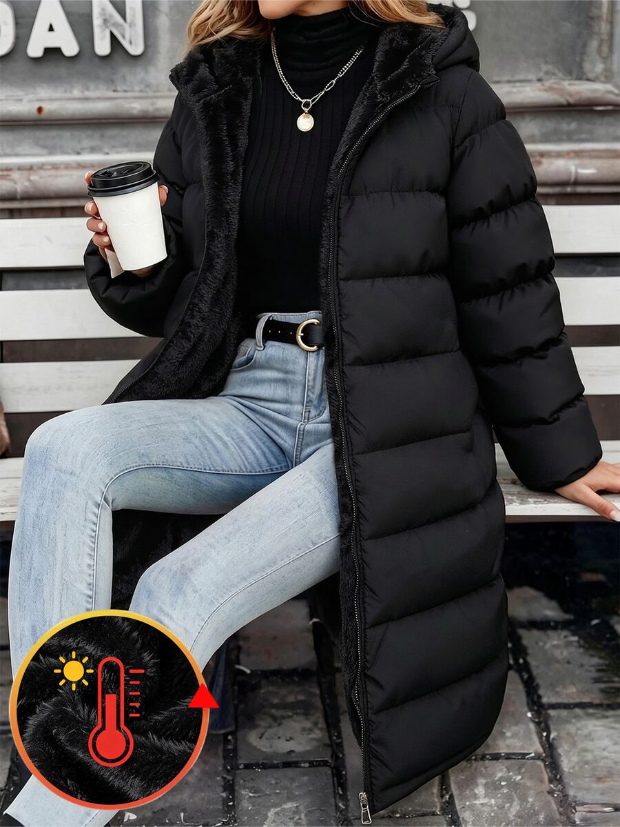 SHEIN 1pc Teen Girl Mid-Length Padded Coat Casual Junior Baggy Cute Versatile Autumn Winter Work Black - Black - View 1