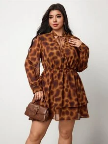 Enliva Plus Size Women's Printed Mini Dress V Neck Long Sleeve Ruffle Hem Flowy Dress Flattering Compatible With Apple Shape - Brown - View 3