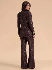 SHEIN BAE Celana Panjang Wanita Elegan dan Mewah dengan Hiasan Payet untuk Kantor dan Perjalanan Sehari-hari - Coklat - View 2