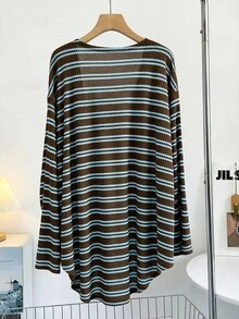 GlowEve CURVE Women's Plus Size Striped Long Sleeve Asymmetrical Hem Jacket - Brown - View 2