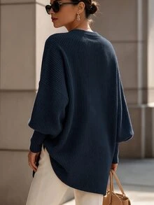 SHEIN Holidaya 法式設計靈感仿毛衣針織羅紋不對稱通勤內搭百搭外套優雅時尚休閒女款T恤 - 藏蓝色 - 查看 2