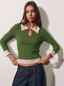Nöista Women's Contrast Color Lapel Long Sleeve Slim Fit Versatile Sweater - Green - View 4