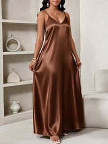 SHEIN Lady Plus Size Elegant Elegant Satin Spaghetti Strap Dress For Date - Brown - View 1