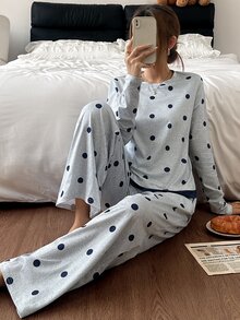 Napfluff Polka Dot Contrast Trim Women's Pajama Set Casual Pocket Loungewear - Light Grey - View 6