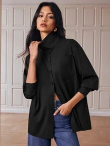 Écloséra Kemeja Lengan Panjang Klasik Gaya Eropa & Amerika Musim Semi Panas Baru Fashion Serbaguna Warna Polos Kerah Besar Elegan untuk Ngantor - Hitam - View 5