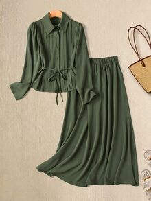 Rusticease Women's Casual Solid Color Waist Tie Shirt And Long Skirt 2 Pieces Set - Green - View 1