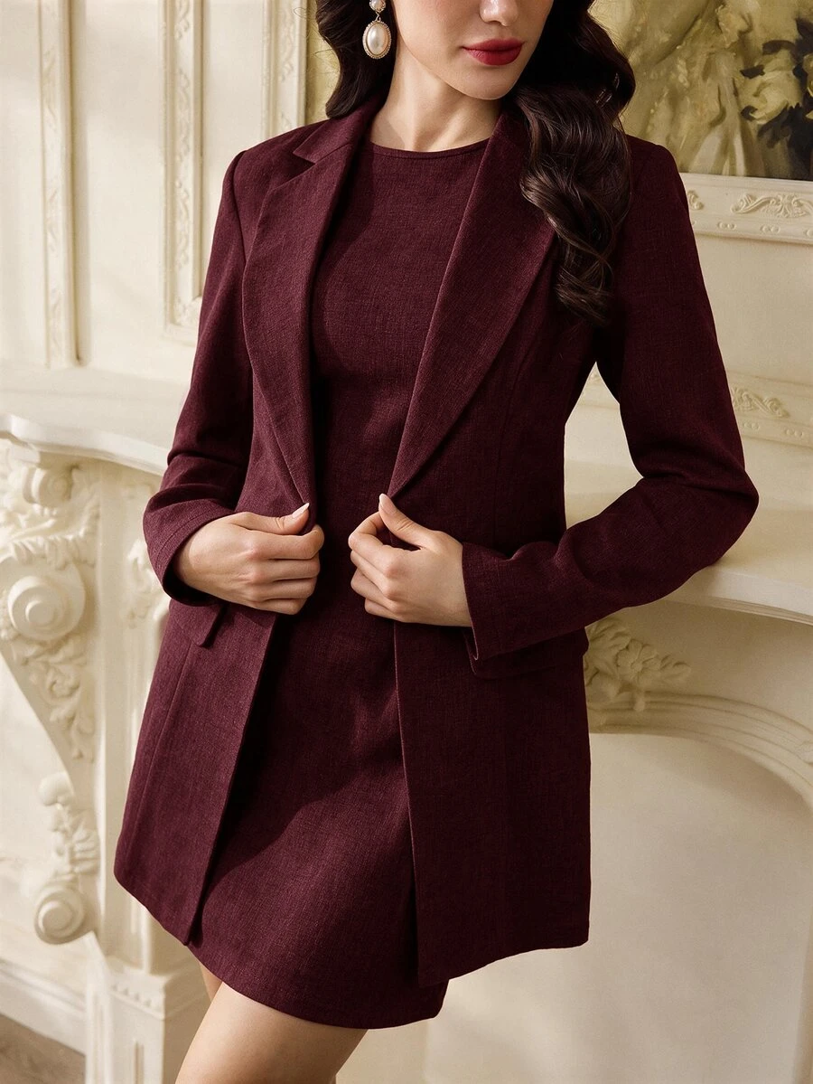 Vintamour Women's Vintage Elegant Solid Color Sleeveless Dress And Blazer Set - Rose Red - View 1