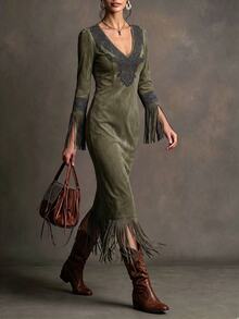 LUMIGAL Women's Printed V-Neck Tassel Cuff Elegant Vintage Dress - Olive Green - View 6