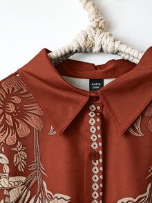EMERY ROSE Spring Summer Autumn 1920 Vintage Boho Women Floral Pattern Shirt Collar Long Sleeve Cardigan Skirt Mahogany Plus Size Two Pieces Set Vacation - Redwood - View 5