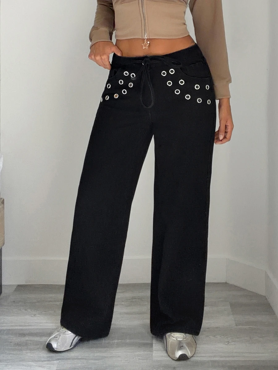 Jeanoix Y2K Women's Outdoor Street Style Low Waist All Season Grommet Decor Thin Rope Belt Black Jeans - Black - View 1