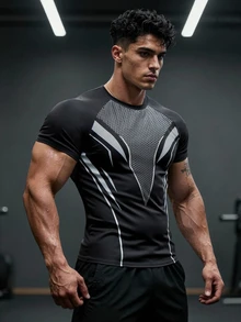 GymBeat Men's Tech Print Slim Fit Sports T-Shirt, Outdoor Gym Running Training Short Sleeve Tee - Black - View 3