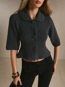 Poéselle Women's Solid Color Lapel Single-Breasted Fashion Elegant Cardigan - Dark Grey - View 1
