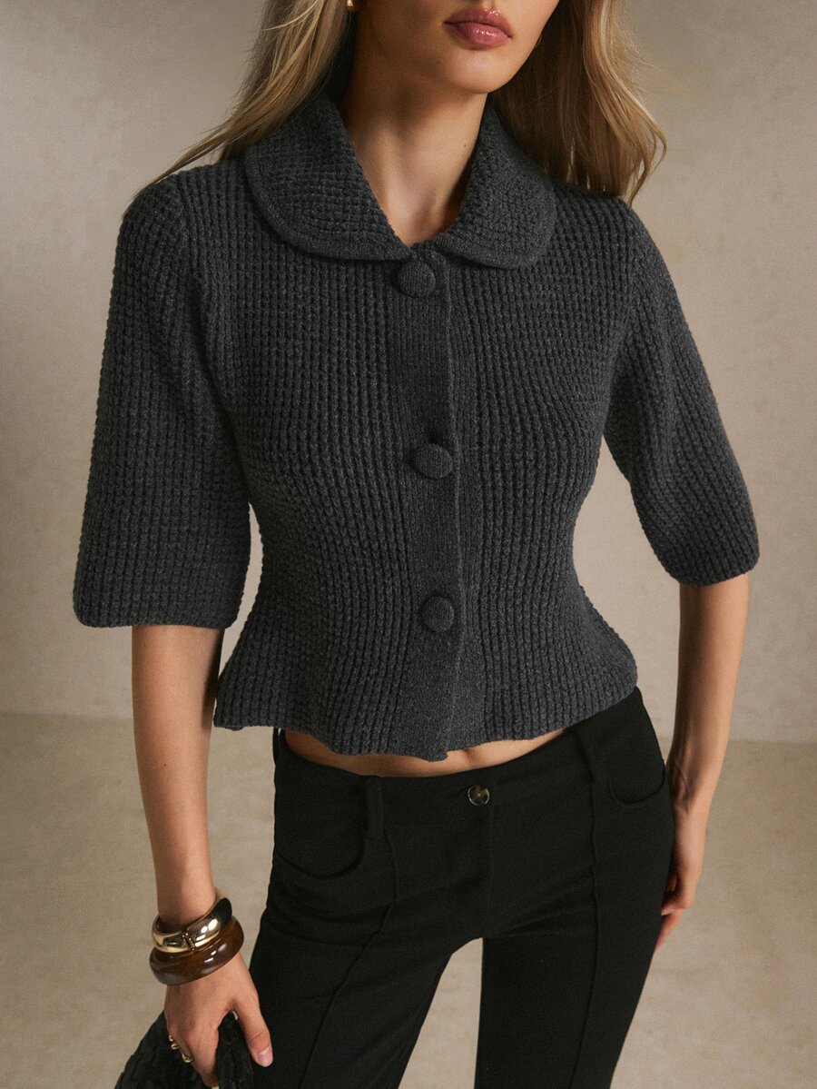 Poéselle Women's Solid Color Lapel Single-Breasted Fashion Elegant Cardigan - Dark Grey - View 1