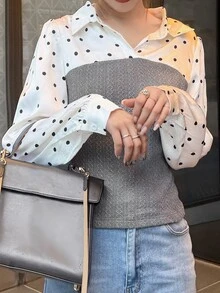 FRIFUL Women's Autumn Patchwork Polka Dot Blouse - Grey - View 4