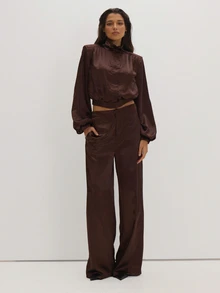 MUSEYN Brown Satin Straight Leg Trousers Classy Date Night Chic Evening Fall - Chocolate Brown - View 1