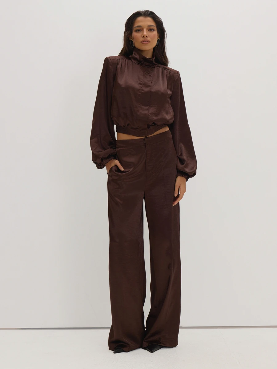MUSEYN Brown Satin Straight Leg Trousers Classy Date Night Chic Evening Fall - Chocolate Brown - View 1