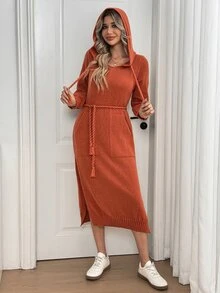 Sprig & Strand فستان صوفي صوفية نسائي طويل الأكمام بأسلوب فرنسي عصري متعدد الاستخدامات، قطعة واحدة جديدة للخريف، بلون موحد وطول متوسط، مع رباط خصر وتصميم قلنسوة وحبل وجيب، محبوك بتصميم أنيق للسيدات - لون برتقالي - مشاهدة 1